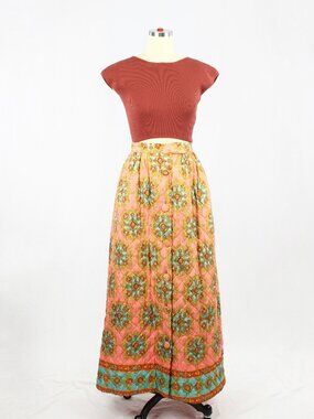 Vintage 60's MORSAM Coral Pink Retro Foulard Quilted A-Line Maxi Skirt, Size S